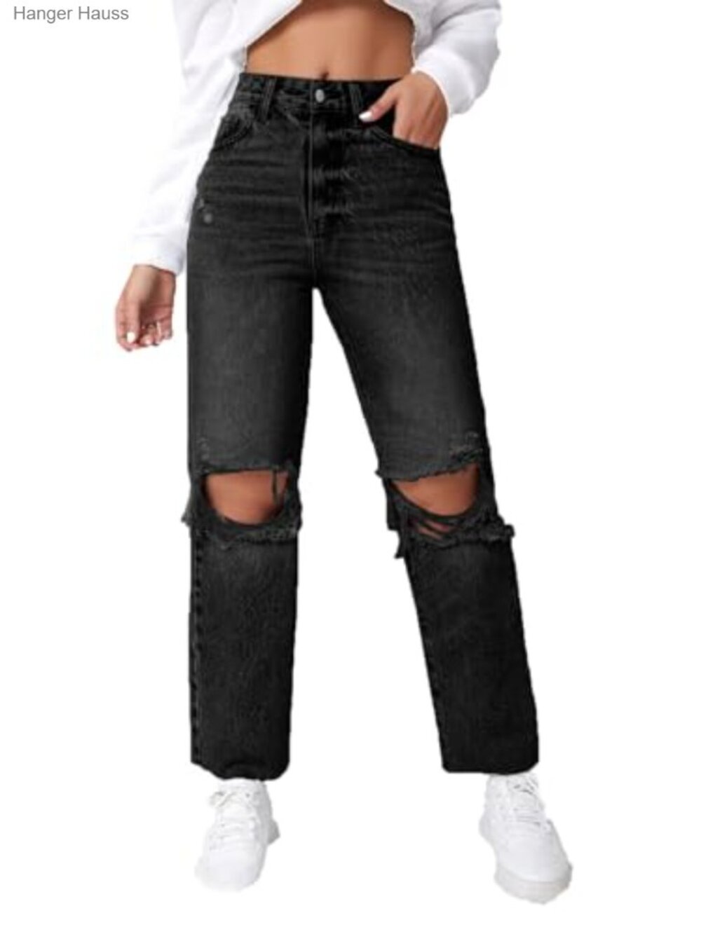 High Waist Ripped Distressed Cropped Straight Leg Jeans Denim Pants
